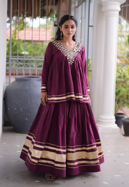 Wine Pure Kora Cotton with Zari Patta &amp; Gota Patti Lace Work Navratri Lehenga Choli