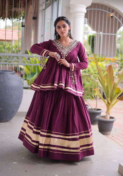 Wine Pure Kora Cotton with Zari Patta &amp; Gota Patti Lace Work Navratri Lehenga Choli