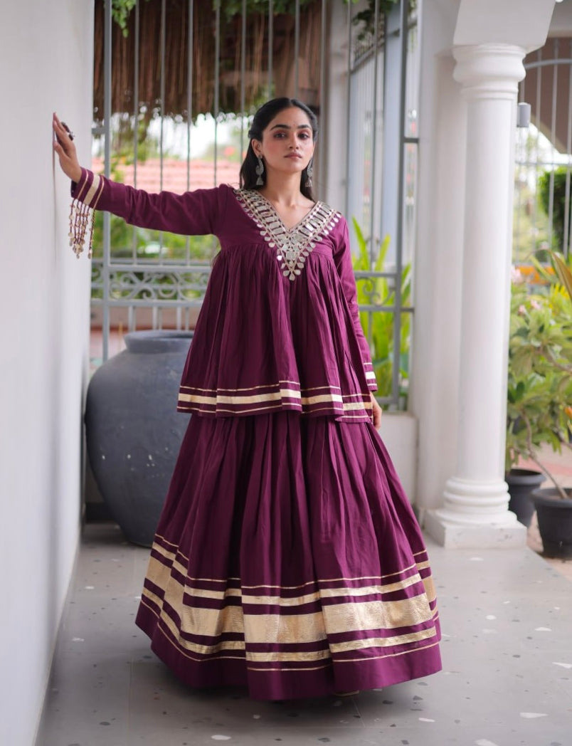 Wine Pure Kora Cotton with Zari Patta &amp; Gota Patti Lace Work Navratri Lehenga Choli