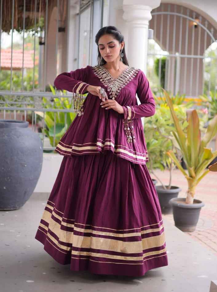 Wine Pure Kora Cotton with Zari Patta &amp; Gota Patti Lace Work Navratri Lehenga Choli