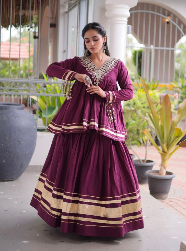Wine Pure Kora Cotton with Zari Patta &amp; Gota Patti Lace Work Navratri Lehenga Choli