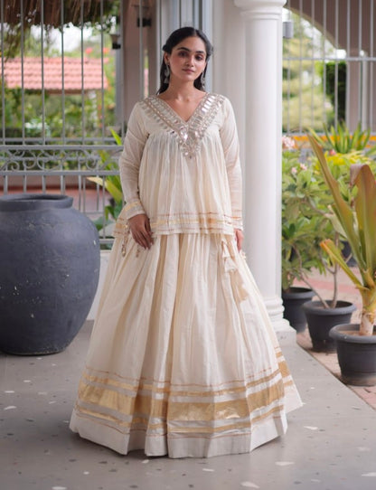 White Pure Kora Cotton with Zari Patta &amp; Gota Patti Lace Work Navratri Lehenga Choli