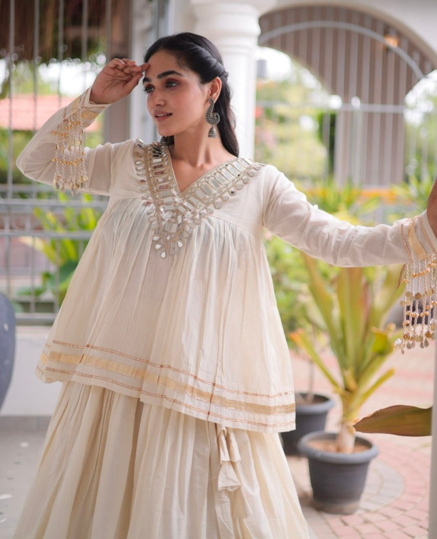 White Pure Kora Cotton with Zari Patta &amp; Gota Patti Lace Work Navratri Lehenga Choli