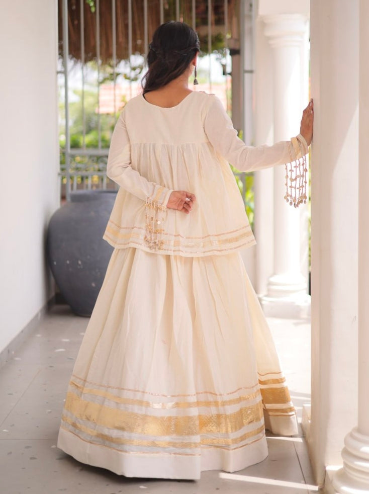 White Pure Kora Cotton with Zari Patta &amp; Gota Patti Lace Work Navratri Lehenga Choli