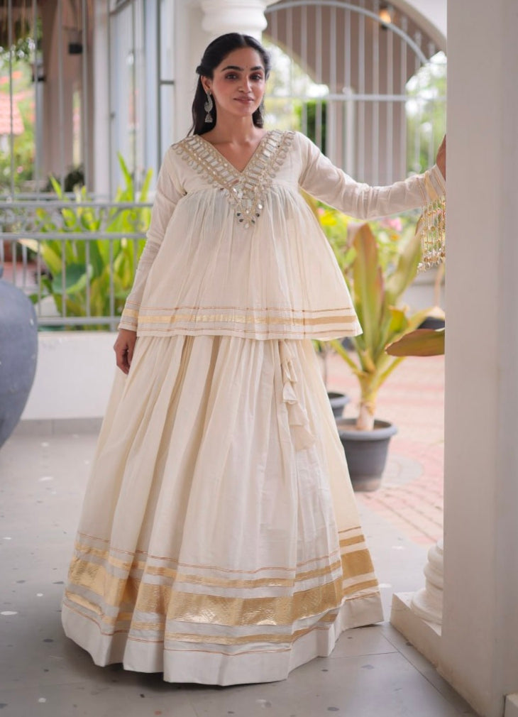 White Pure Kora Cotton with Zari Patta &amp; Gota Patti Lace Work Navratri Lehenga Choli