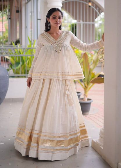 White Pure Kora Cotton with Zari Patta &amp; Gota Patti Lace Work Navratri Lehenga Choli