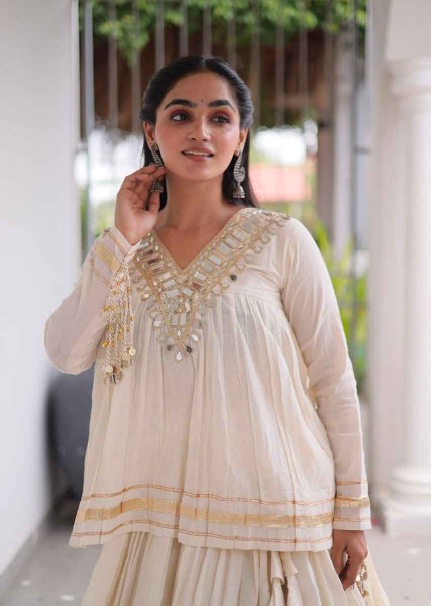 White Pure Kora Cotton with Zari Patta &amp; Gota Patti Lace Work Navratri Lehenga Choli