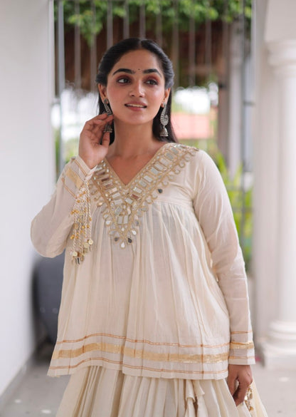 White Pure Kora Cotton with Zari Patta &amp; Gota Patti Lace Work Navratri Lehenga Choli