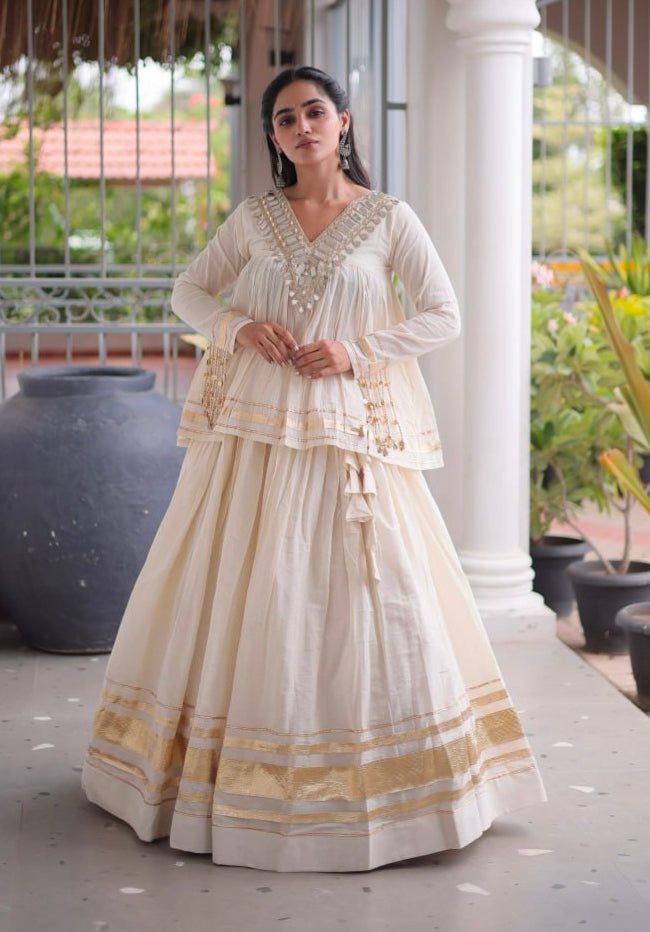 White Pure Kora Cotton with Zari Patta &amp; Gota Patti Lace Work Navratri Lehenga Choli