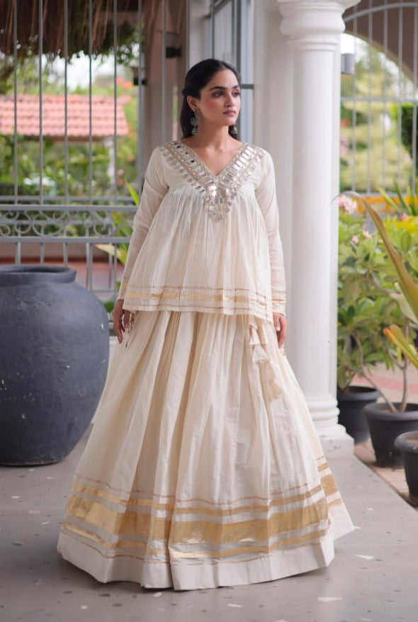 White Pure Kora Cotton with Zari Patta &amp; Gota Patti Lace Work Navratri Lehenga Choli