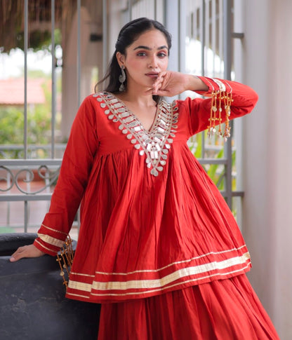 Rust Pure Kora Cotton with Zari Patta &amp; Gota Patti Lace Work Navratri Lehenga Choli