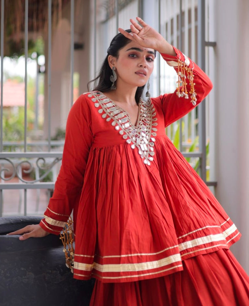 Rust Pure Kora Cotton with Zari Patta &amp; Gota Patti Lace Work Navratri Lehenga Choli