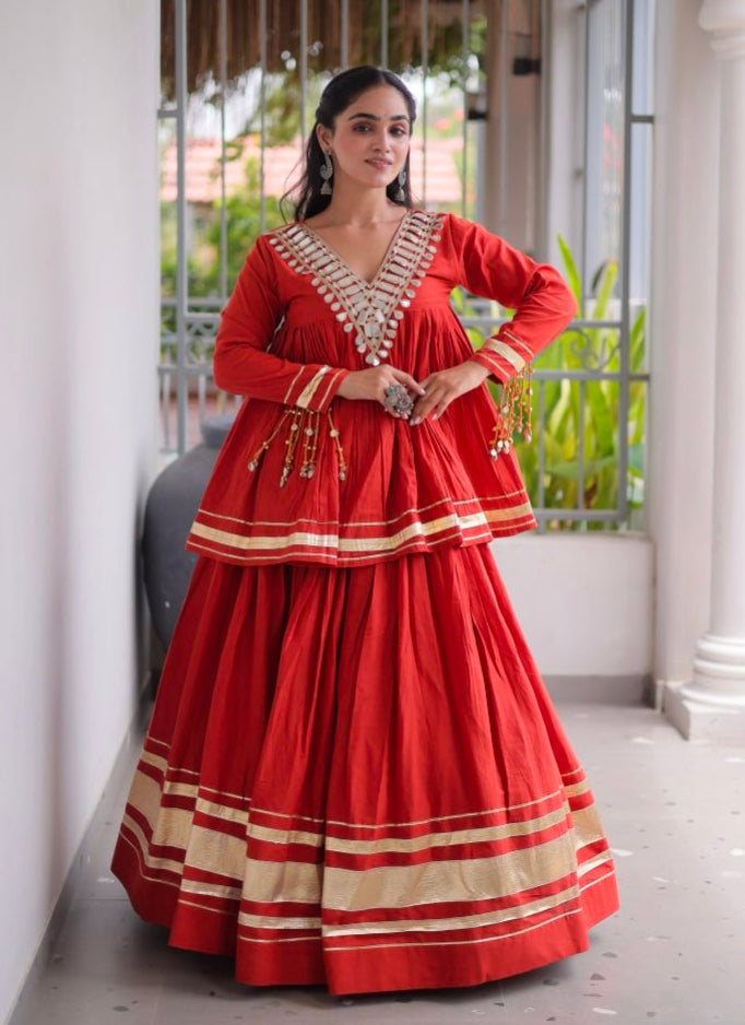 Rust Pure Kora Cotton with Zari Patta &amp; Gota Patti Lace Work Navratri Lehenga Choli