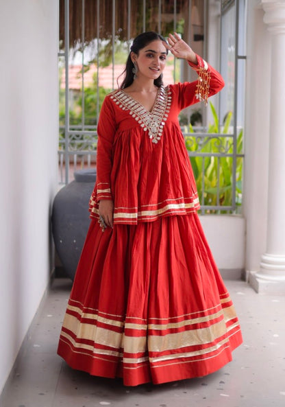 Rust Pure Kora Cotton with Zari Patta &amp; Gota Patti Lace Work Navratri Lehenga Choli