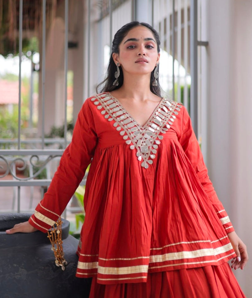 Rust Pure Kora Cotton with Zari Patta &amp; Gota Patti Lace Work Navratri Lehenga Choli