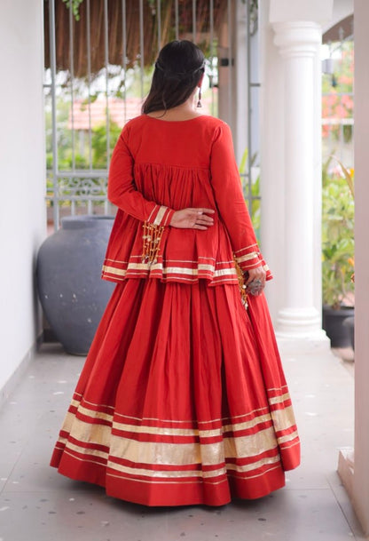 Rust Pure Kora Cotton with Zari Patta &amp; Gota Patti Lace Work Navratri Lehenga Choli
