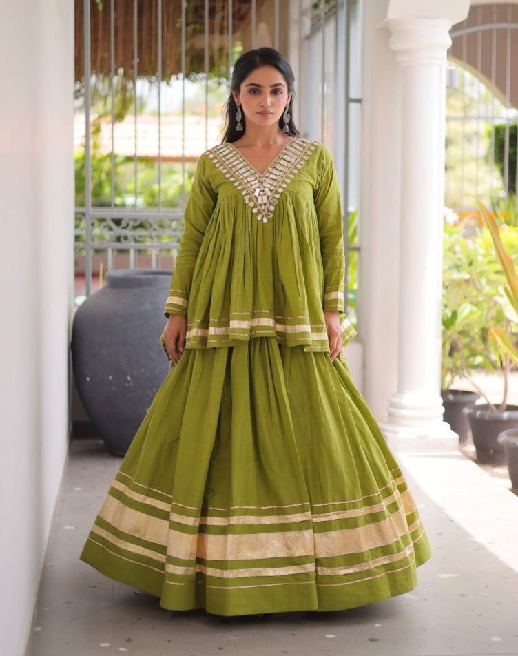 Pista Pure Kora Cotton with Zari Patta &amp; Gota Patti Lace Work Navratri Lehenga Choli