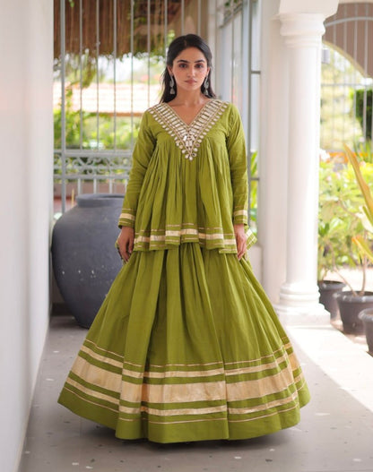 Pista Pure Kora Cotton with Zari Patta &amp; Gota Patti Lace Work Navratri Lehenga Choli