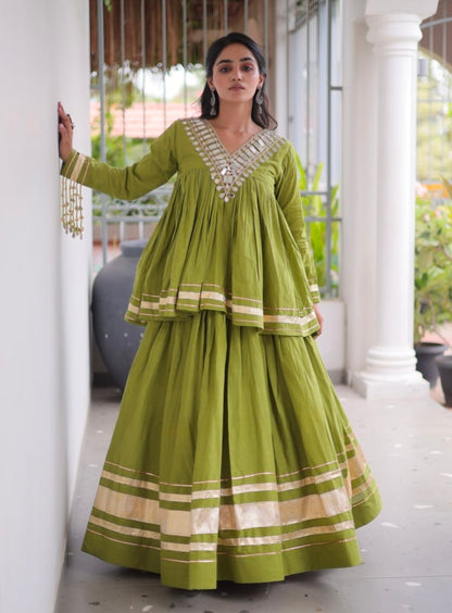 Pista Pure Kora Cotton with Zari Patta &amp; Gota Patti Lace Work Navratri Lehenga Choli