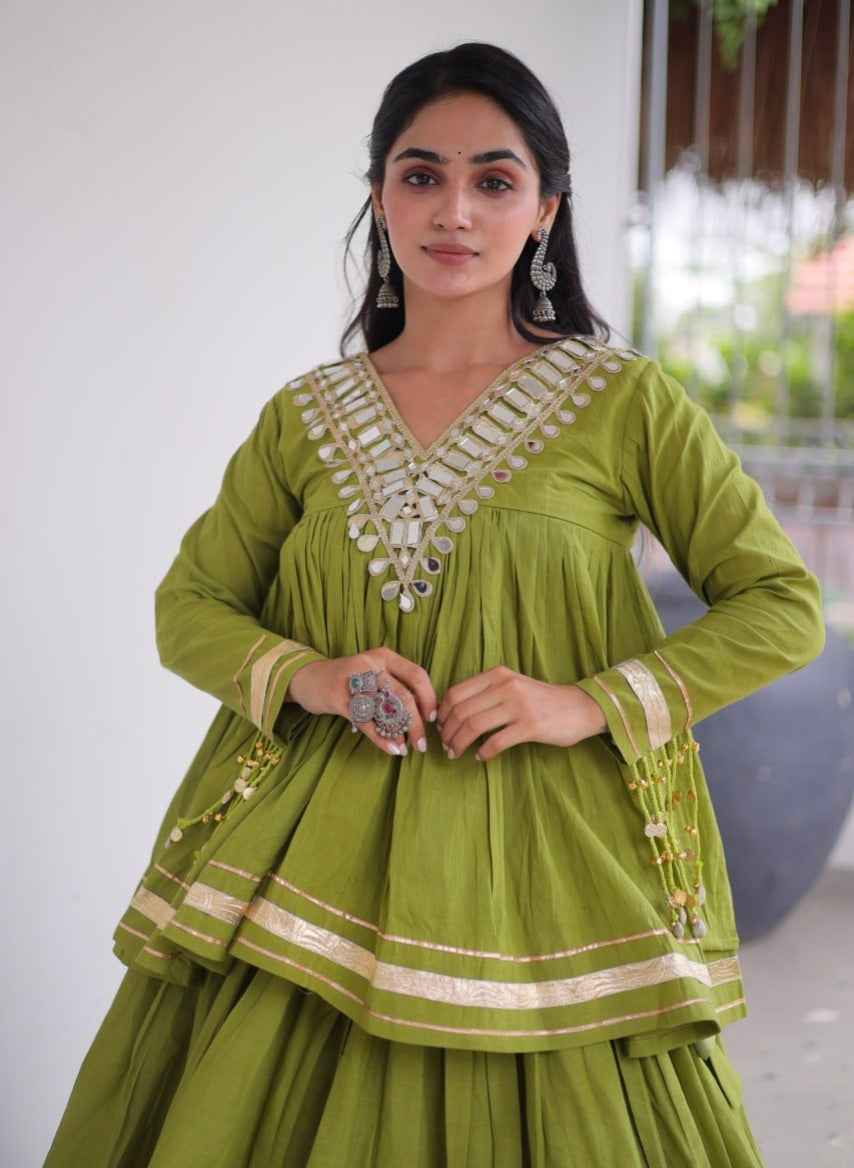 Pista Pure Kora Cotton with Zari Patta &amp; Gota Patti Lace Work Navratri Lehenga Choli