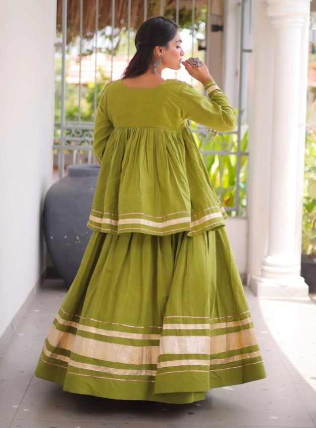 Pista Pure Kora Cotton with Zari Patta &amp; Gota Patti Lace Work Navratri Lehenga Choli