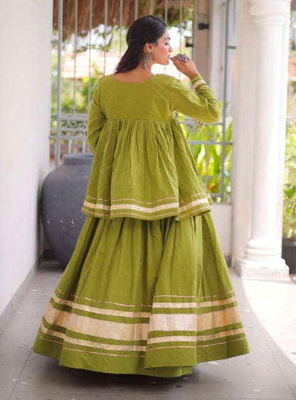 Pista Pure Kora Cotton with Zari Patta &amp; Gota Patti Lace Work Navratri Lehenga Choli