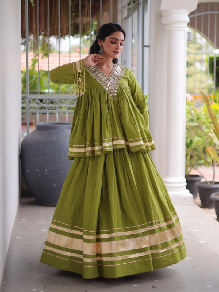 Pista Pure Kora Cotton with Zari Patta &amp; Gota Patti Lace Work Navratri Lehenga Choli