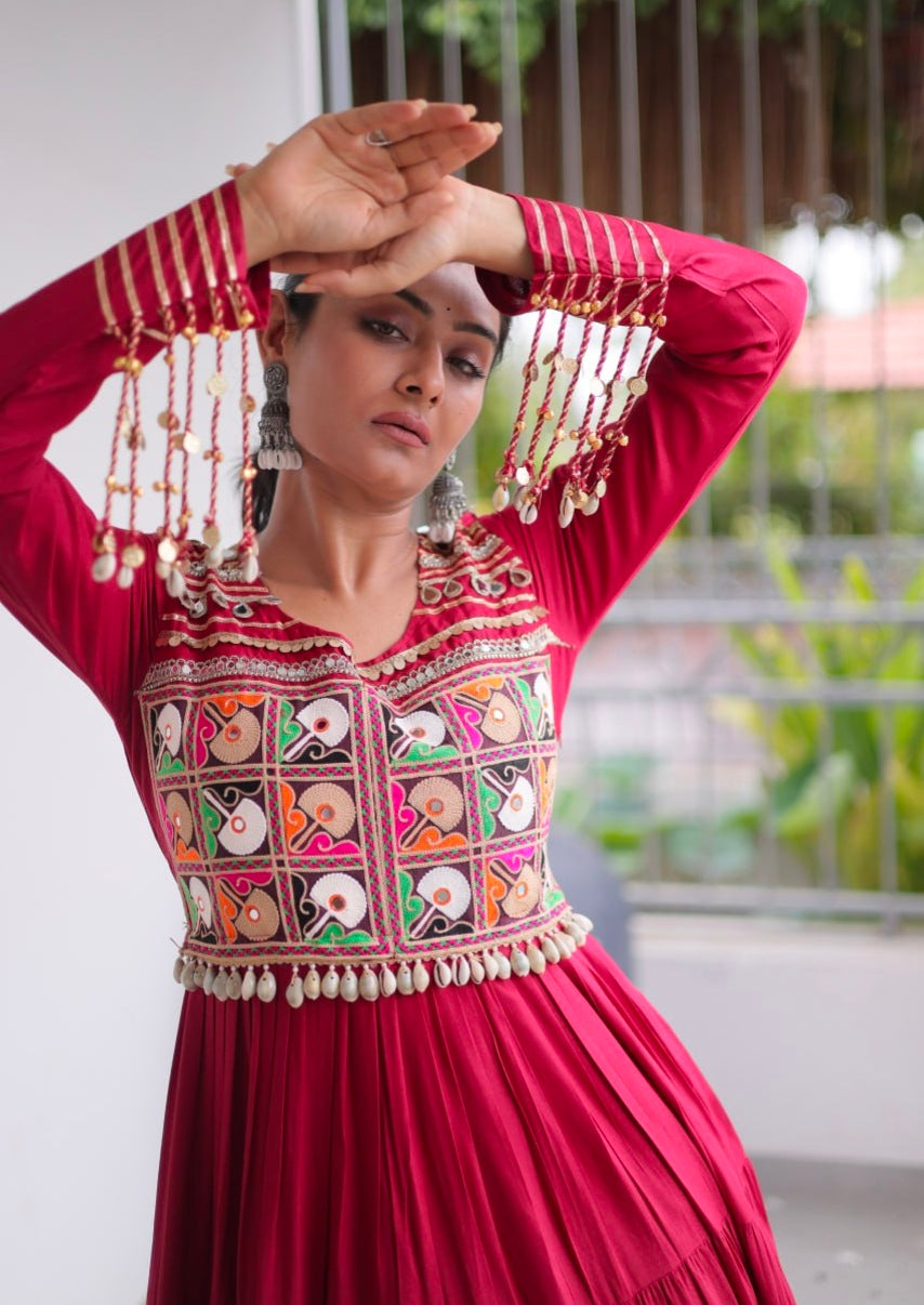 Red Pure Reyon Kutchi Gamthi Thread Embroidery Mirror Work Navratri Lehenga Choli