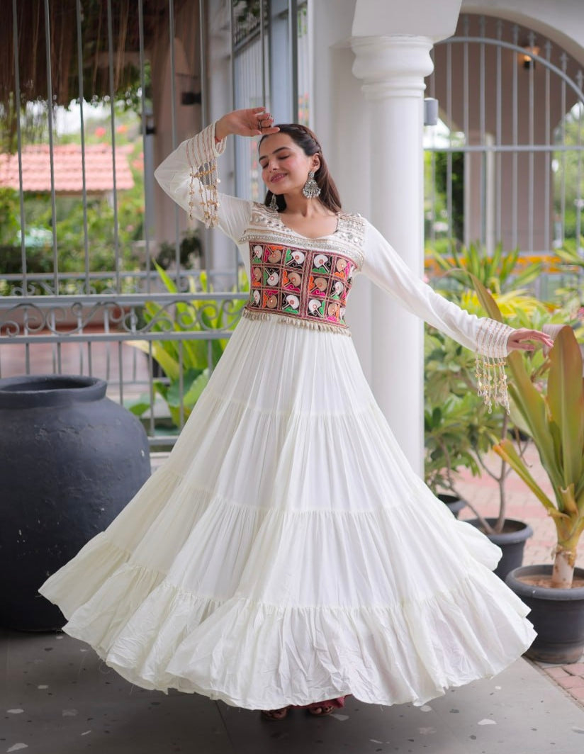 White Pure Reyon Kutchi Gamthi Thread Embroidery Mirror Work Navratri Lehenga Choli