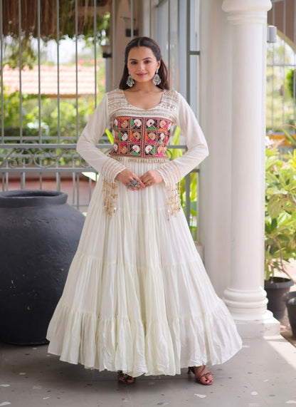White Pure Reyon Kutchi Gamthi Thread Embroidery Mirror Work Navratri Lehenga Choli