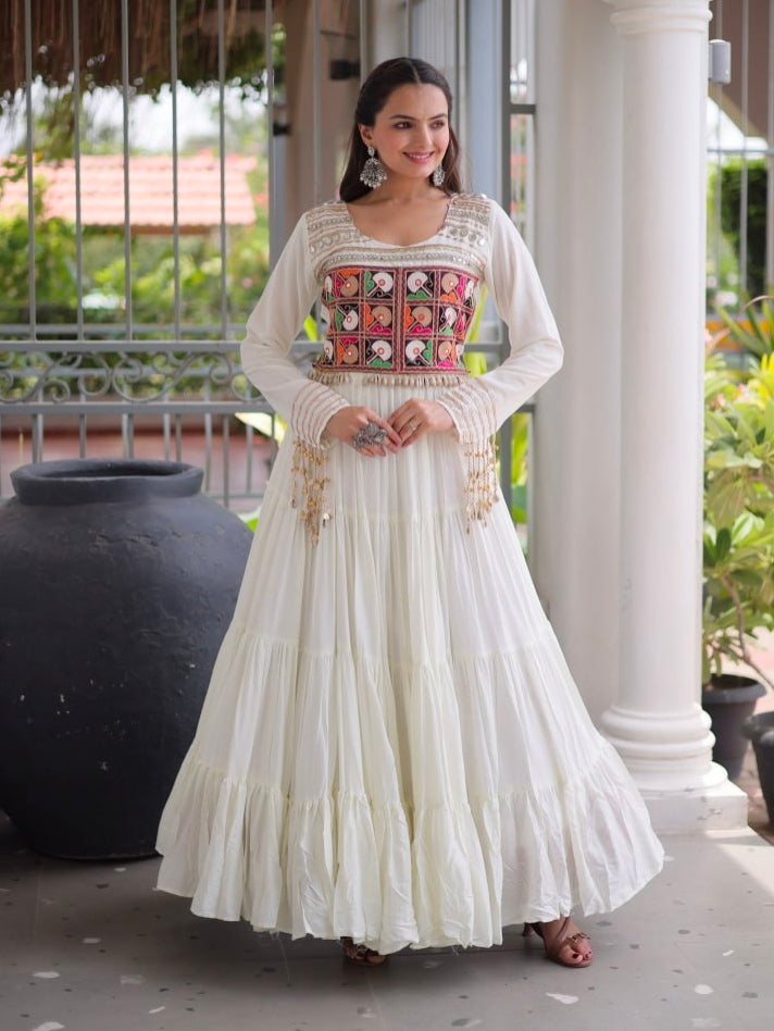 White Pure Reyon Kutchi Gamthi Thread Embroidery Mirror Work Navratri Lehenga Choli