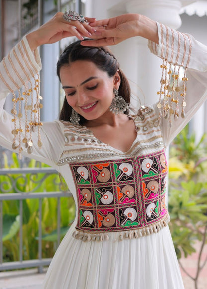 White Pure Reyon Kutchi Gamthi Thread Embroidery Mirror Work Navratri Lehenga Choli