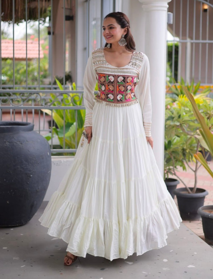White Pure Reyon Kutchi Gamthi Thread Embroidery Mirror Work Navratri Lehenga Choli