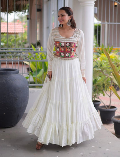 White Pure Reyon Kutchi Gamthi Thread Embroidery Mirror Work Navratri Lehenga Choli