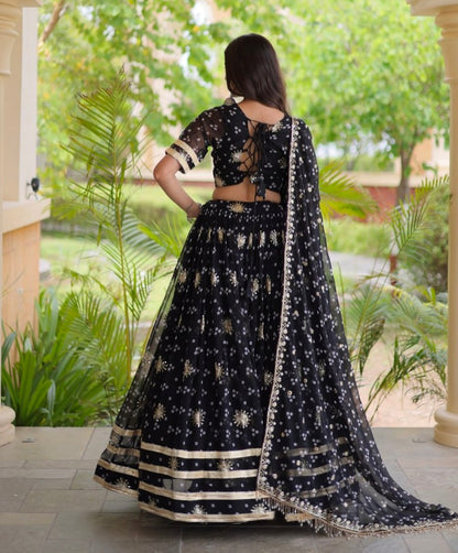 Black Pure Faux Georgette Bandhej Print &amp; Sequins &amp; Zari Embroidery Work Navratri Lehenga Choli