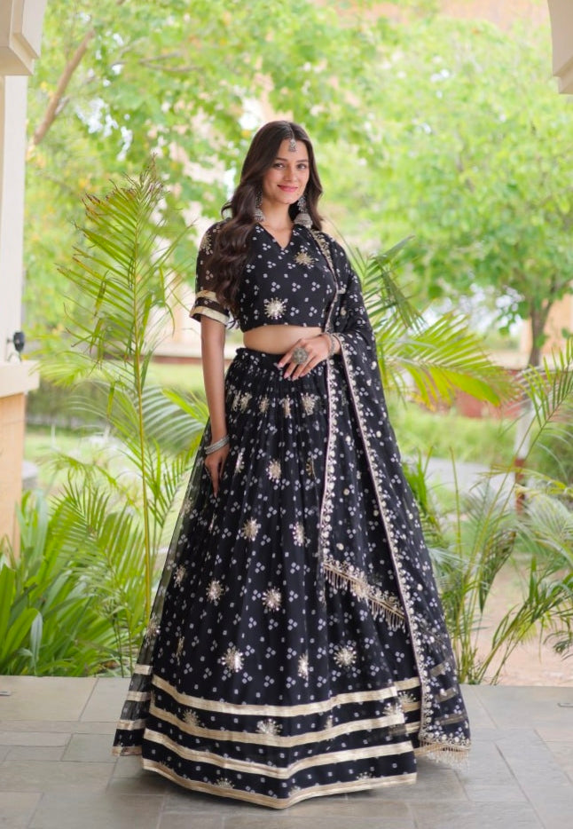 Black Pure Faux Georgette Bandhej Print &amp; Sequins &amp; Zari Embroidery Work Navratri Lehenga Choli