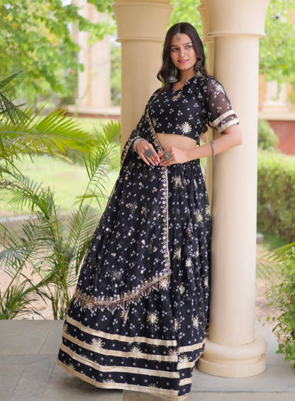 Black Pure Faux Georgette Bandhej Print &amp; Sequins &amp; Zari Embroidery Work Navratri Lehenga Choli