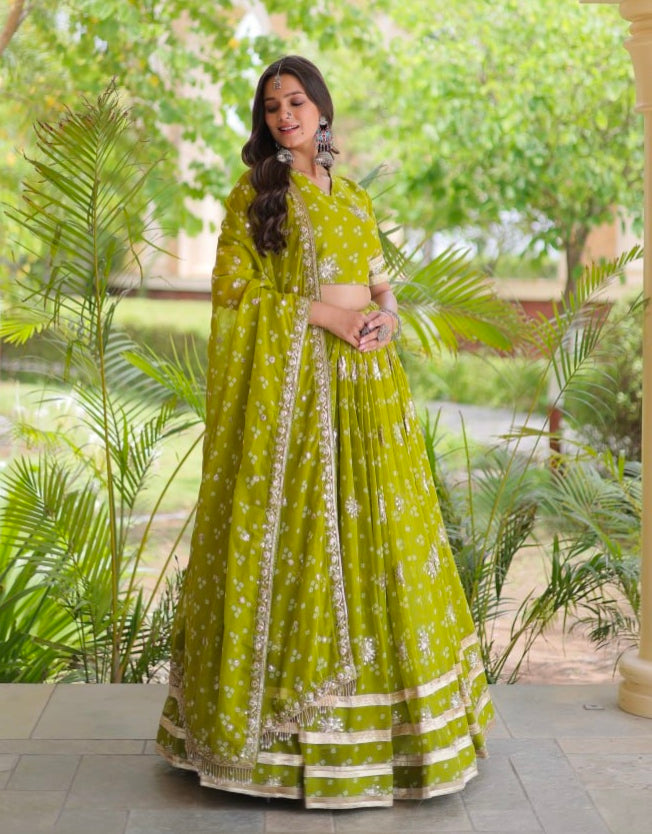 Green Pure Faux Georgette Bandhej Print &amp; Sequins &amp; Zari Embroidery Work Navratri Lehenga Choli