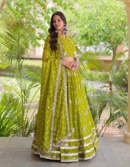 Green Pure Faux Georgette Bandhej Print &amp; Sequins &amp; Zari Embroidery Work Navratri Lehenga Choli