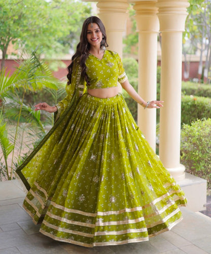 Green Pure Faux Georgette Bandhej Print &amp; Sequins &amp; Zari Embroidery Work Navratri Lehenga Choli