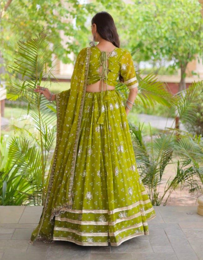 Green Pure Faux Georgette Bandhej Print &amp; Sequins &amp; Zari Embroidery Work Navratri Lehenga Choli
