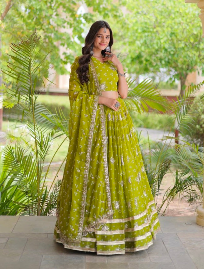 Green Pure Faux Georgette Bandhej Print &amp; Sequins &amp; Zari Embroidery Work Navratri Lehenga Choli