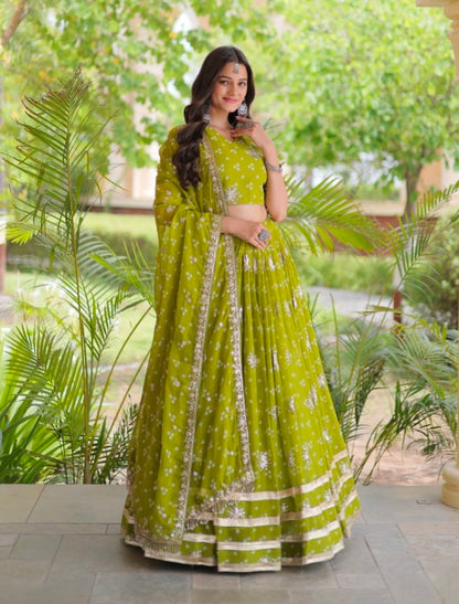 Green Pure Faux Georgette Bandhej Print &amp; Sequins &amp; Zari Embroidery Work Navratri Lehenga Choli