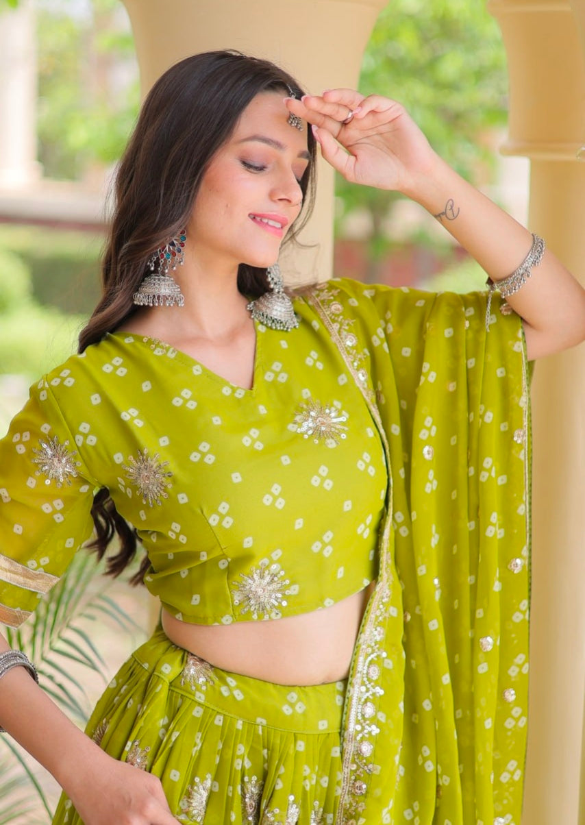 Green Pure Faux Georgette Bandhej Print &amp; Sequins &amp; Zari Embroidery Work Navratri Lehenga Choli