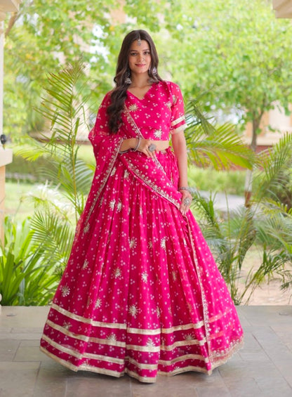 Pink Pure Faux Georgette Bandhej Print &amp; Sequins &amp; Zari Embroidery Work Navratri Lehenga Choli