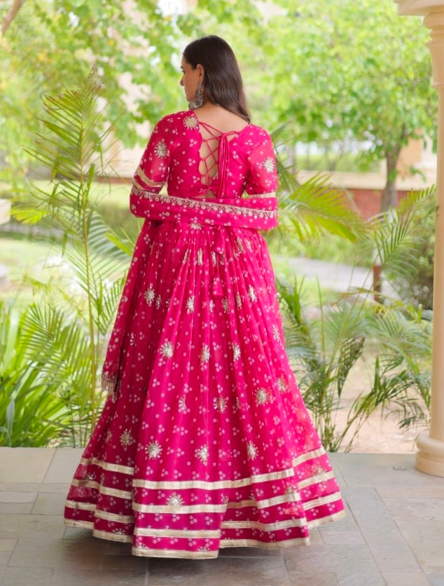 Pink Pure Faux Georgette Bandhej Print &amp; Sequins &amp; Zari Embroidery Work Navratri Lehenga Choli