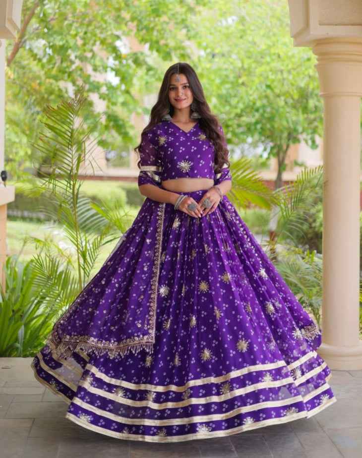 Purple Pure Faux Georgette Bandhej Print &amp; Sequins &amp; Zari Embroidery Work Navratri Lehenga Choli