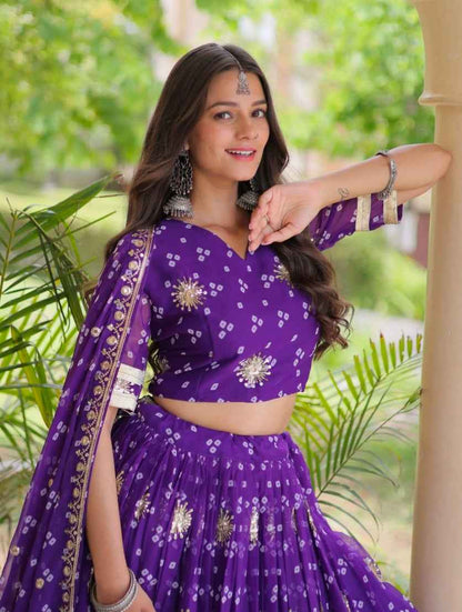 Purple Pure Faux Georgette Bandhej Print &amp; Sequins &amp; Zari Embroidery Work Navratri Lehenga Choli