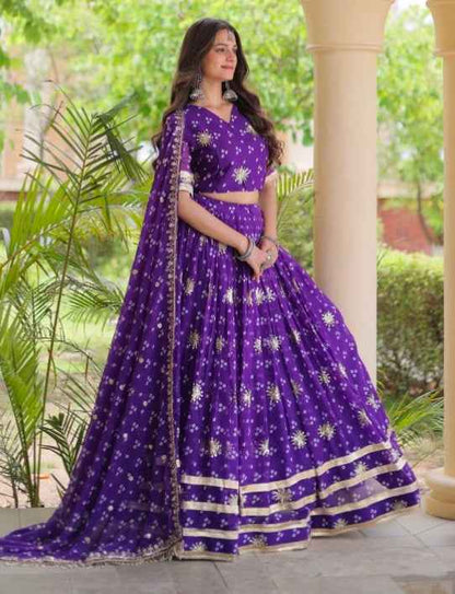Purple Pure Faux Georgette Bandhej Print &amp; Sequins &amp; Zari Embroidery Work Navratri Lehenga Choli