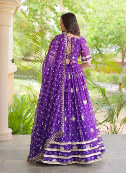 Purple Pure Faux Georgette Bandhej Print &amp; Sequins &amp; Zari Embroidery Work Navratri Lehenga Choli